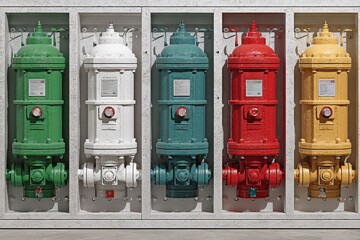Colorful multi-valve fire suppression control panel on textured wall, symbolizing industrial safety, emergency response, and building protection systems