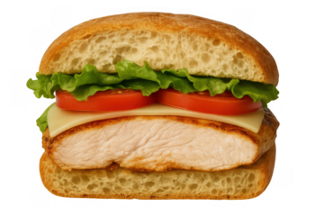 Grilled chicken sandwich served on ciabatta bread, featuring juicy chicken breast, fresh tomatoes, crisp lettuce, and cheese