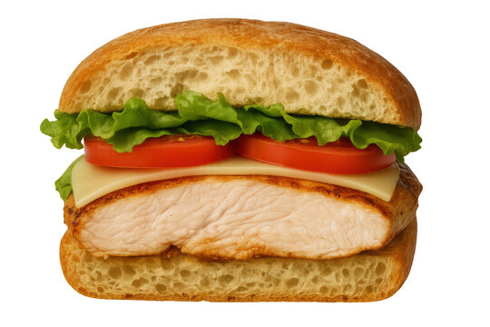 Grilled chicken sandwich served on ciabatta bread, featuring juicy chicken breast, fresh tomatoes, crisp lettuce, and cheese