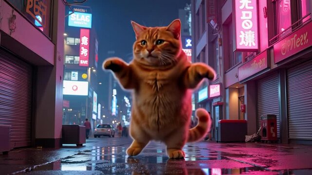 A chubby ginger cat dancing joyfully under neon cyberpunk lights