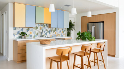 Modern kitchen interior with colorful cabinets and a large white island. Contemporary home design with wooden furniture and geometric backsplash