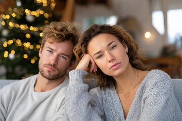 Fototapeta premium Young caucasian couple relaxing indoors near christmas tree