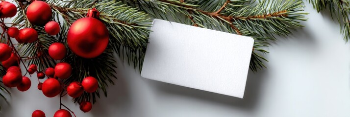 Festive christmas card with red ornaments and pine branches on white background