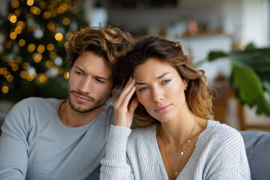 Thoughtful young caucasian couple relaxing in cozy living room - Powered by Adobe