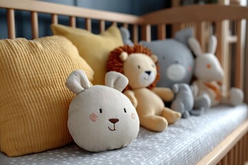 Close-up of Crib with Toy and Pillow in Baby's Nursery Room