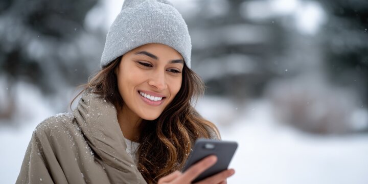 Smiling young hispanic female in winter clothes using smartphone outdoors