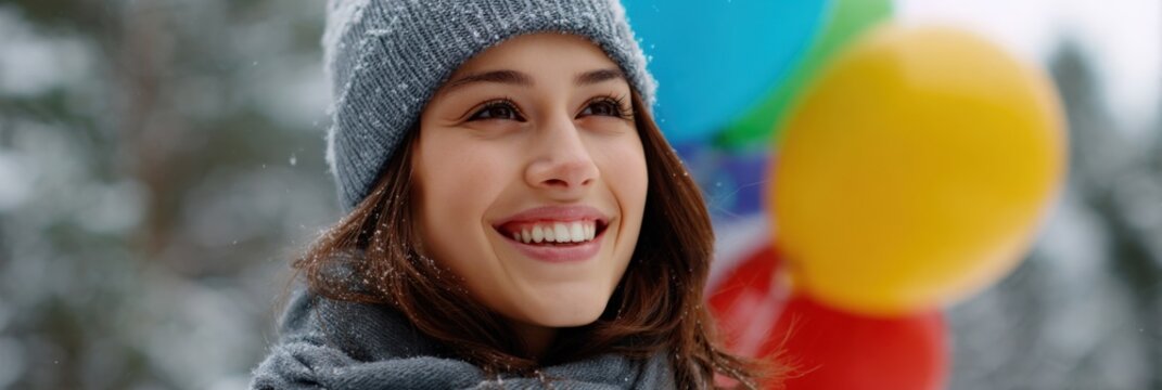 Smiling young hispanic female in winter attire with colorful balloons in snowy landscape