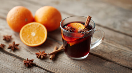 Hot mulled wine with orange slices, cinnamon and star anise on rustic wooden table