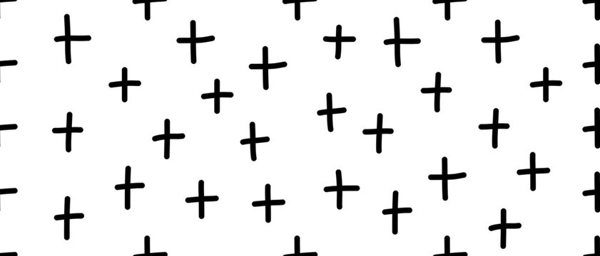 Simple abstract pattern with black plus crosses on white background. Hand drawn vector texture creates minimal geometric design. Vector illustration on an isolated background.