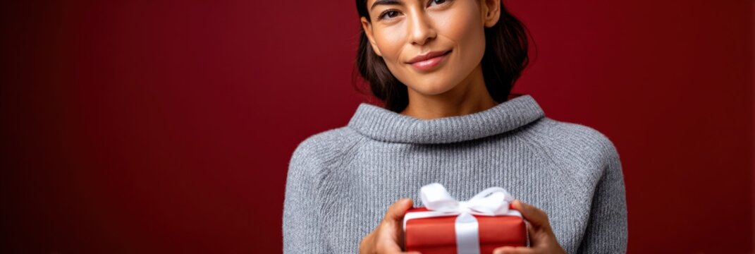 Hispanic young female holding gift against red background