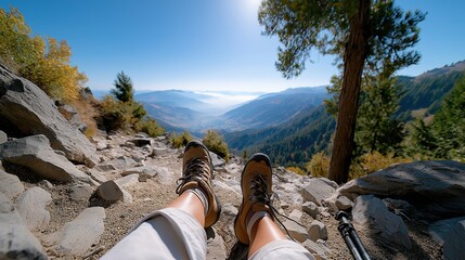 First-person view of a hiker resting on a mountain trail with a scenic valley view. Legs and hiking boots in the foreground on a sunny autumn day. Outdoor adventure and travel concept