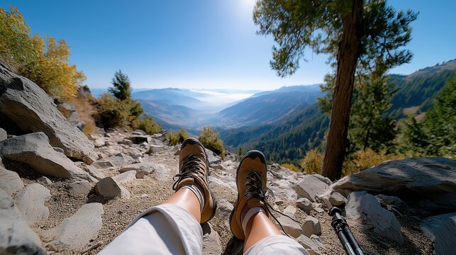 First-person view of a hiker resting on a mountain trail with a scenic valley view. Legs and hiking boots in the foreground on a sunny autumn day. Outdoor adventure and travel concept - Powered by Adobe