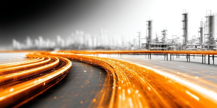 Futuristic industrial concept with glowing orange pipes symbolizing energy flow against monochrome factory skyline, ideal for technology and innovation themes