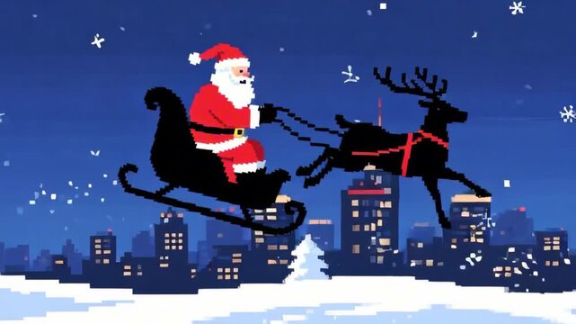 Santa claus pixel art riding a sleigh led by a reindeer above a snowy city skyline, stars twinkling in the night sky, creating a nostalgic 8-bit Christmas animation with festive holiday charm.