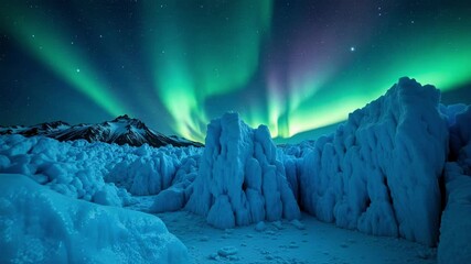 A majestic northern lights display over frozen arctic landscape with glaciers and starry sky - Powered by Adobe
