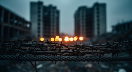 Barbed wire fence with blurred lights and buildings in the background