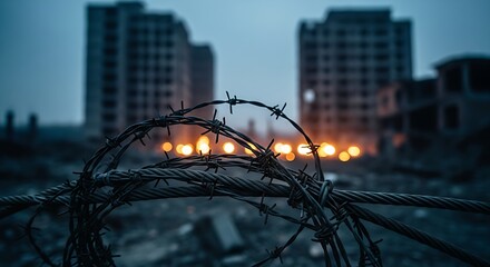 Barbed wire fence with blurred lights and buildings in the background