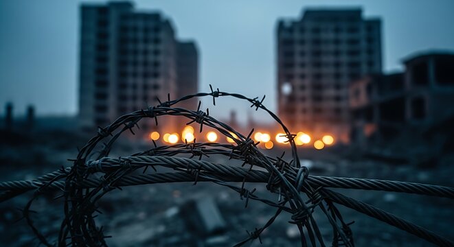 Barbed wire fence with blurred lights and buildings in the background - Powered by Adobe