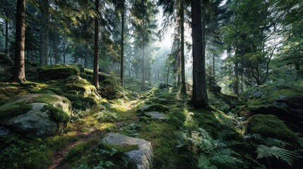Sunlit Mossy Forest Floor Serene Natural Scene