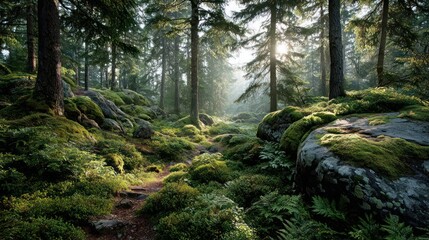 Obraz premium Lush Green Forest Scene Sunlight Through Tree Canopy