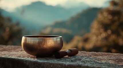 Singing bowl on a stone surface with a blurred mountain background in the morning