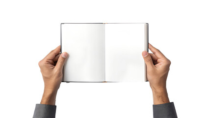 Hands holding an open blank book mockup template with empty pages isolated on white background