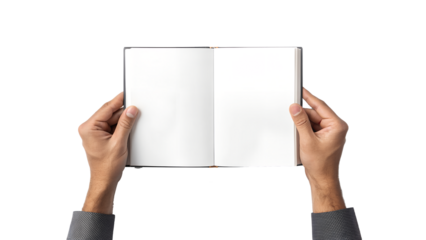 Hands holding an open blank book mockup template with empty pages isolated on white background
