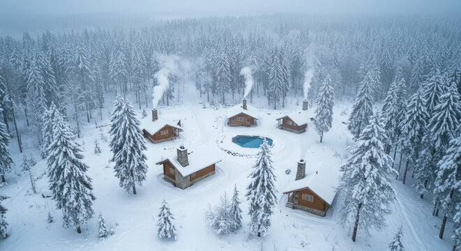 Aerial view of a secluded cabin resort with a heated pool in a snowy winter forest landscape
