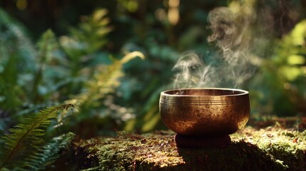 Closeup of a singing bowl on a mossy surface in a forest with steam rising