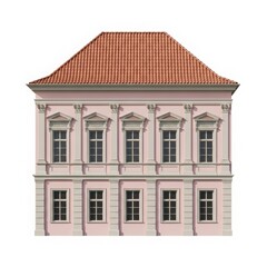 Fototapeta premium Elegant historical building with a red tiled roof and ornate facade featuring multiple windows and classical architectural details