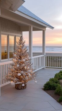 Coastal Christmas tree decoration on a beach house porch at sunset. Festive holiday season with an ocean view. Unique seaside home exterior