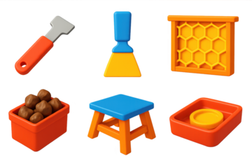 Hive Maintenance Icons. 3D icon set of hive maintenance: hive tool, wax scraper, inspection frame, propolis collection, hive stand