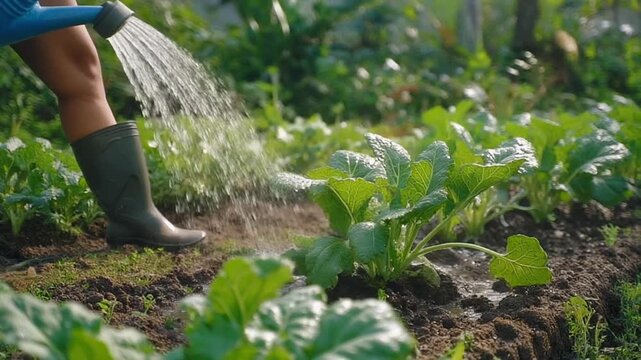 the process of watering plants in the garden