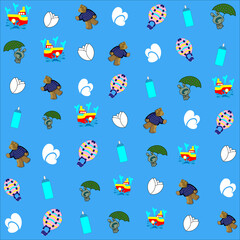 Cute Baby boy Elements Seamless Pattern &ndash; Toys, Boats, Teddy Bears & Balloons on blue