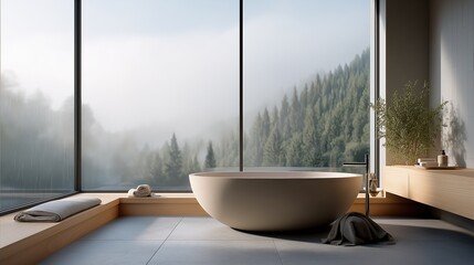 Modern luxury bathroom with a freestanding bathtub and a large window. Scenic view of a rainy and foggy forest. Spa, wellness and relaxation concept