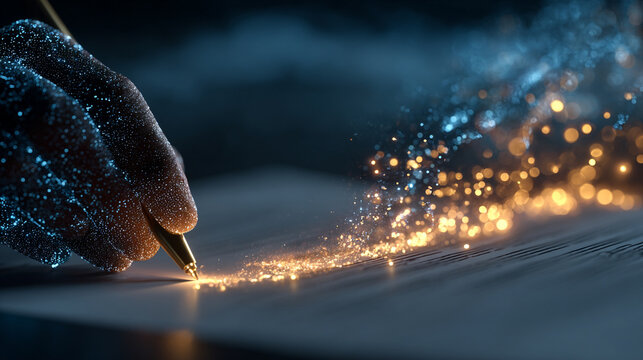 A digital contract is signed as glowing light particles gather around the document, symbolizing trust, authentication, innovation, and the seamless connection between human action and advanced technol