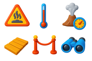Variety of cartoonish icons, including a thermometer, a volcano, a sign