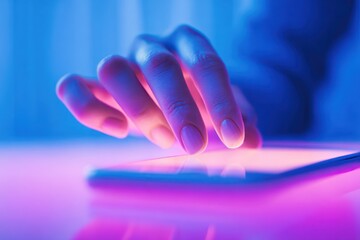 Finger of woman touching scroll page app on mobile phone.In a room with blue and purple neon tones.concept Social media and marketing --ar 3:2 --v 7 Job ID: 4005e833-1159-4924-868d-4b743a64dd7b