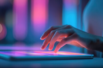 Female Hand Scrolls Mobile App with Vibrant Blue and Purple Neon