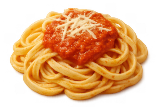 Spaghetti pasta noodles twirling with vibrant marinara tomato sauce and fresh grated parmesan cheese. Classic italian dish