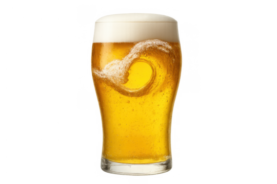 Beer glass with golden lager creating a foamy dynamic wave effect, refreshing alcoholic drink on transparent background