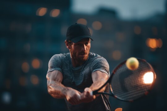 Intense Male Tennis Player Striking Ball on Court - Powered by Adobe
