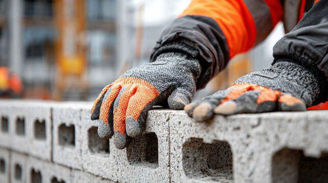 Worker’s hands building a wall from aerated concrete blocks, showing construction in progress, manual labor, and precision in assembling prefabricated masonry materials.