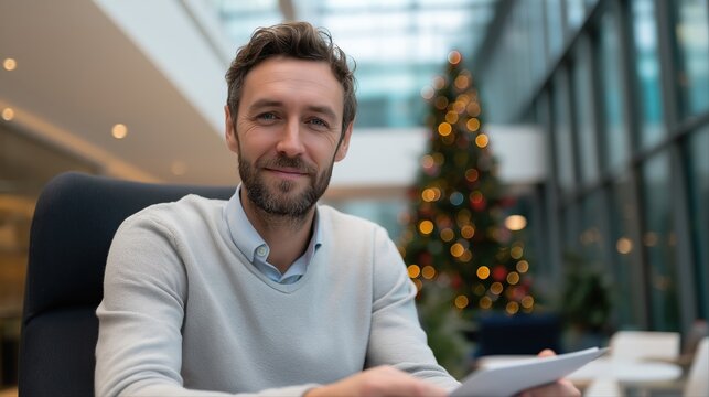 Caucasian male adult in modern office with holiday decor and christmas tree