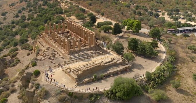 Aerial view of the Temple of Hera (or Roman Juno), located in Agrigento, Sicily, Italy. Known as Temple D, it's a Greek temple in the Valley of the Temples, a section of ancient Greek city of Akragas.