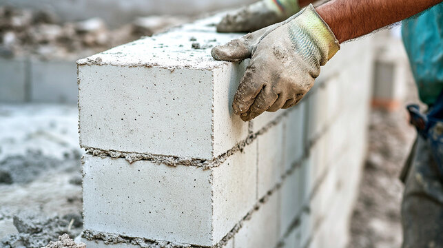 Worker’s hands building a wall from aerated concrete blocks, showing construction in progress, manual labor, and precision in assembling prefabricated masonry materials.