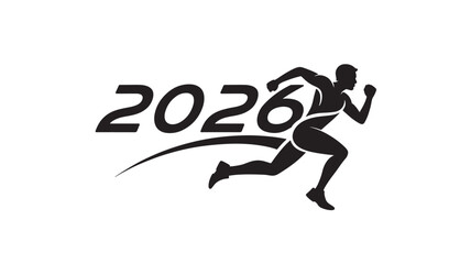 Obraz premium 2026 logo design featuring a running athlete silhouette dynamic vector illustration for sports events and competitions isolated on white
