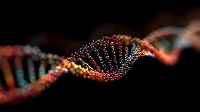 Digital double helix spinning in space with glowing strands and dynamic motion representing genetics, biotechnology, futuristic science, molecular structure, and advanced digital visualization - Powered by Adobe