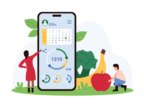 Calorie counting, food tracking and planning in mobile app. Tiny people work on weight loss with online nutrition planner, calendar and counter on smartphone screen cartoon vector illustration
