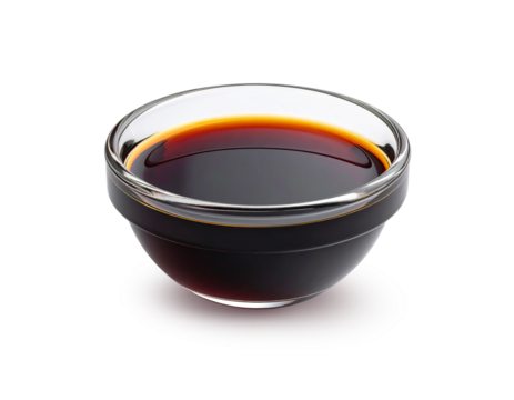 Soy sauce in glass dipping bowl on transparent background